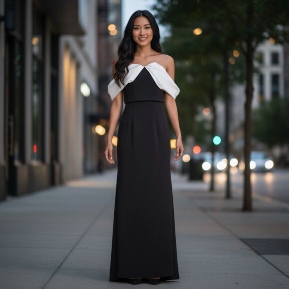 Carmen Marc Valvo Gown 16 NWT Black White Off Shoulder Formal Dress Evening Gala - Picture 2 of 8